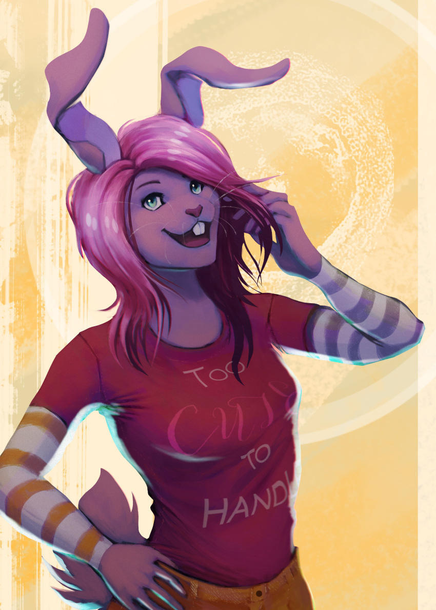 2019 absurd_res anthro bangs blue_eyes bottomwear buckteeth clothed clothing colored digital_drawing_(artwork) digital_media_(artwork) eyebrows female fluffy fluffy_tail hair hair_on_shoulders hand_in_hair hand_on_hip hi_res lagomorph leporid long_ears long_sleeve_shirt long_sleeves looking_at_viewer mammal multicolored_clothing open_mouth orange_bottomwear orange_clothing orange_shorts pattern_clothing pattern_shirt pattern_topwear pink_clothing pink_hair pink_nose pink_shirt pink_tongue pink_topwear rabbit shirt short_tail shorts simple_background smile solo striped_clothing striped_shirt striped_topwear stripes tail teeth text text_on_clothing tongue topwear touching_hair violet_(violetmadness7) whiskers wildernessspirits yellow_background