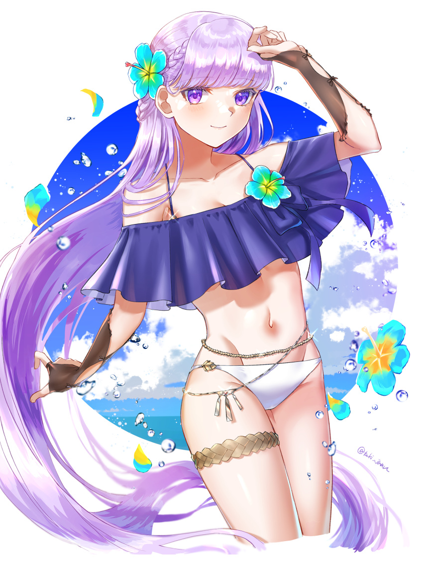 absurdres alternate_costume arm_up bikini blue_bikini breasts cleavage cloud commentary_request female fire_emblem fire_emblem:_the_binding_blade flower frilled_bikini frills hair_flower hair_ornament hand_on_own_head highres long_hair looking_at_viewer medium_breasts navel purple_eyes purple_hair smile solo sophia_(fire_emblem) swimsuit thigh_strap tsukimura_(d24f4z8j3t) very_long_hair white_bikini