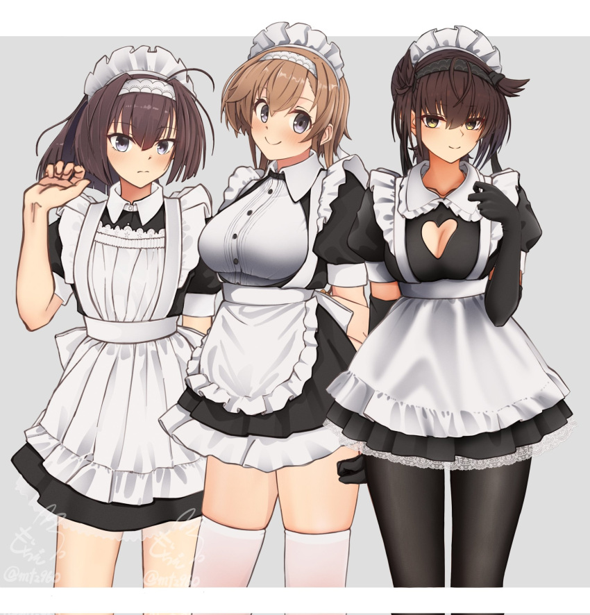 3girls akizuki_(kancolle) alternate_costume apron black_dress black_pantyhose blush braid breasts brown_hair cleavage_cutout clothing_cutout dress enmaided frilled_apron frilled_dress frills hair_ornament hatsuzuki_(kancolle) highres kantai_collection large_breasts long_hair maid maid_apron maid_headdress medium_breasts mochizou multiple_girls pantyhose puffy_short_sleeves puffy_sleeves short_sleeves smile teruzuki_(kancolle) thighhighs tray twin_braids waist_apron white_apron white_thighhighs wrist_cuffs