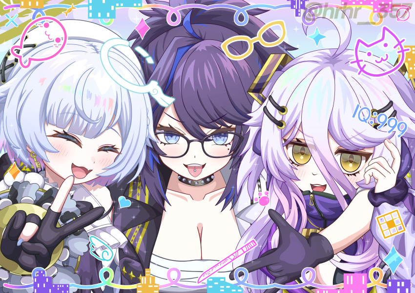 3girls absurdres ahoge amemiya_nazuna amemiya_nazuna_(1st_costume) beret black-framed_eyewear black_bra black_gloves black_jacket blue_nails bra breasts chest_sarashi cleavage cleavage_cutout closed_eyes clothing_cutout cropped_shirt cube dress fingerless_gloves frilled_shirt frills glasses gloves hair_between_eyes hair_ornament hair_ribbon hairpin hat henya_the_genius henya_the_genius_(1st_costume) highres hrhr_gin_357 jacket kson large_breasts long_bangs long_hair medium_hair mole mole_under_eye multicolored_clothes multicolored_jacket multiple_girls nail_polish oerba_yun_fang open_mouth partially_fingerless_gloves piercing purple_dress purple_jacket purple_ribbon ribbon sarashi shirt sidelocks skin_fang small_breasts smile souchou teeth tongue tongue_out tongue_piercing two-tone_jacket two_side_up underwear upper_teeth_only virtual_youtuber vshojo white_headwear white_jacket white_shirt