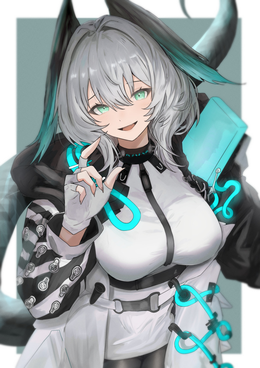 aqua_wings arknights belt between_breasts black_pantyhose breasts coat dress feathered_wings female fingerless_gloves gloves green_eyes grey_hair hair_between_eyes head_wings highres ho'olheyak_(arknights) infection_monitor_(arknights) large_breasts long_hair long_sleeves oerba_yun_fang open_clothes open_coat open_mouth pantyhose raised_eyebrow snake_tail solo sora_mame_(princess_0sora) strap_between_breasts tail two-tone_wings white_dress wings