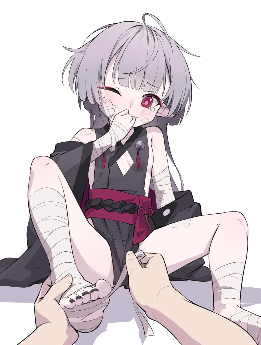 absurdres applying_bandages bandaged_arm bandaged_foot bandaged_leg bandages black_kimono black_nails blue_archive blush breasts cleavage_cutout clothing_cutout commentary_request feet female grey_hair highres hirotaka0125 holding_another's_foot japanese_clothes kimono legs long_hair md5_mismatch nail_polish no_halo obi one_eye_closed pink_pupils pointy_ears pov pov_hands red_eyes sash shuro_(blue_archive) sideless_outfit small_breasts solo_focus tearing_up toenail_polish toenails toes very_long_hair