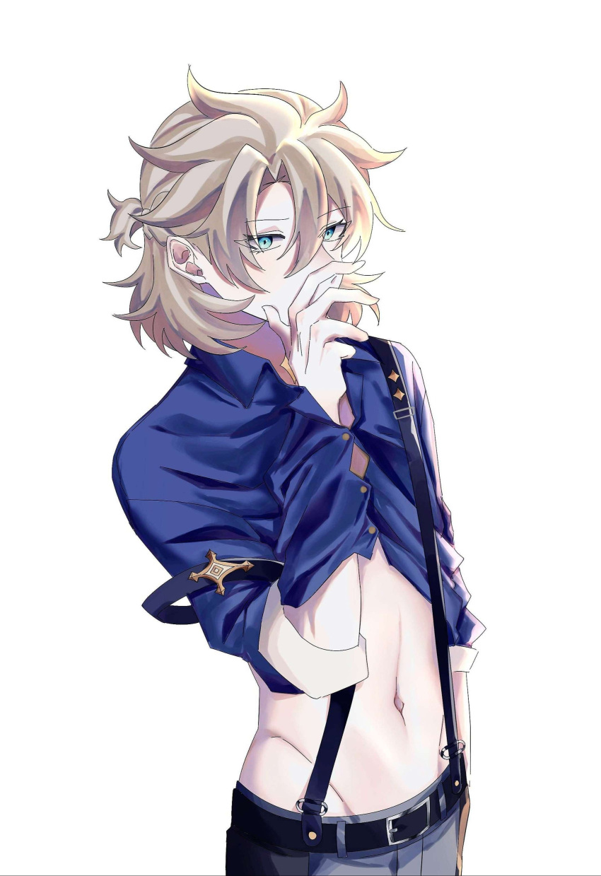 1boy absurdres albedo_(genshin_impact) belt blonde_hair blue_eyes blue_shirt clothes_lift genshin_impact grey_pants guilty_challenge_(meme) hair_between_eyes highres male_focus meme midriff navel nyangji_clone pants shirt shirt_lift short_hair solo stomach