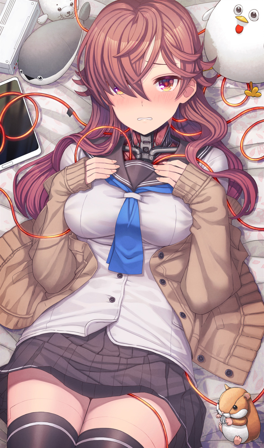 android android_girl_(itou) black_thighhighs blue_neckerchief blush breasts brown_eyes brown_hair cable cardigan commentary_request female hair_over_one_eye highres itou_(onsoku_tassha) joints long_hair long_sleeves looking_at_viewer lying mechanical_parts medium_breasts neckerchief on_back on_bed original pleated_skirt robot_joints school_uniform serafuku shirt skirt sleeves_past_wrists solo stuffed_animal stuffed_toy tablet_pc thighhighs white_shirt