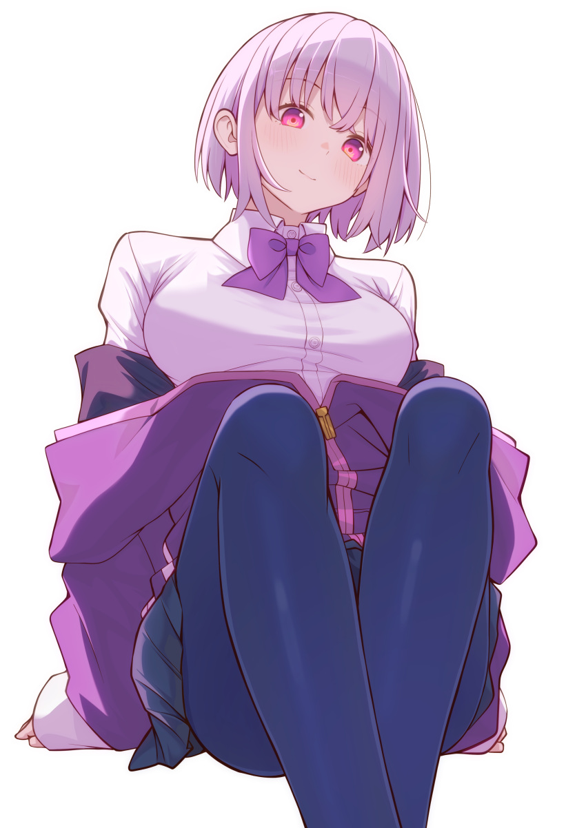 07nono06 absurdres arm_support blue_pantyhose blush bow bowtie breasts closed_mouth collared_shirt commentary crossed_bangs eyelashes feet_out_of_frame female gridman_universe head_tilt highres jacket knees_apart_feet_together knees_up large_breasts legs looking_at_viewer medium_hair miniskirt off_shoulder pantyhose partially_unzipped pleated_skirt purple_bow purple_bowtie purple_eyes purple_hair purple_jacket school_uniform shinjou_akane shirt sidelocks simple_background sitting skirt sleeves_past_wrists solo ssss.gridman white_background white_shirt