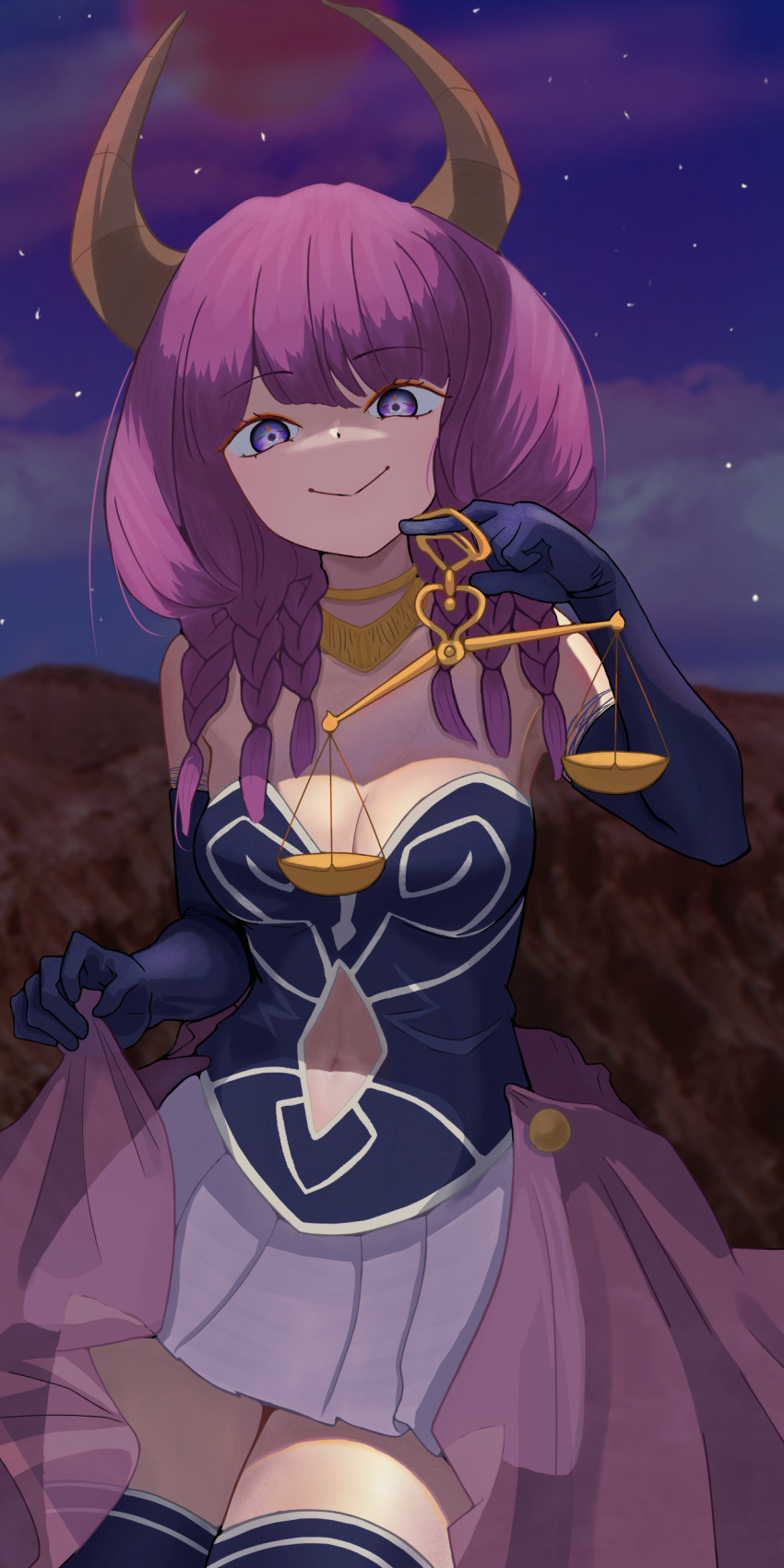 :> absurdres arm_behind_back aura_(sousou_no_frieren) balance_scale black_gloves blue_eyes braid breasts cleavage clothing_cutout commentary_request cowboy_shot demon_girl demon_horns elbow_gloves female gloves hand_up highres holding_scale horns long_hair looking_at_viewer medium_breasts navel_cutout night night_sky open_mouth pleated_skirt purple_hair skirt sky smfp2517 smile solo sousou_no_frieren standing weighing_scale white_skirt