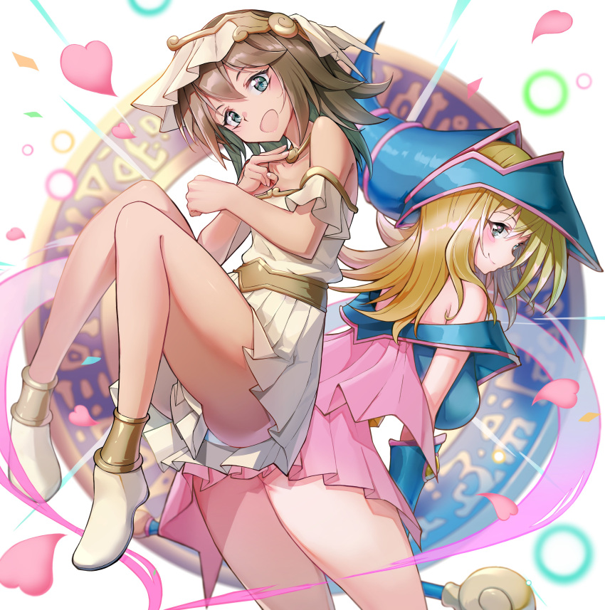 2girls absurdres bare_shoulders blonde_hair blue_headwear blush blush_stickers breasts brown_hair choker clothes_between_thighs dark-skinned_female dark_magician_girl dark_skin dress duel_monster egyptian green_eyes hair_between_eyes hat highres jewelry large_breasts long_hair looking_at_viewer mana_(yu-gi-oh!) multiple_girls open_mouth shiroyu smile staff thighs wand wizard_hat yu-gi-oh! yu-gi-oh!_duel_monsters