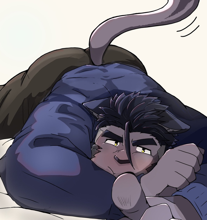 anthro ass_up black_body black_fur black_hair blush clothing domestic_cat eyebrows felid feline felis fur hair hi_res kaeru333938123 lifewonders live_a_hero male mammal mature_male muscular muscular_anthro muscular_male solo sweater thick_eyebrows topwear tsuneaki yellow_eyes