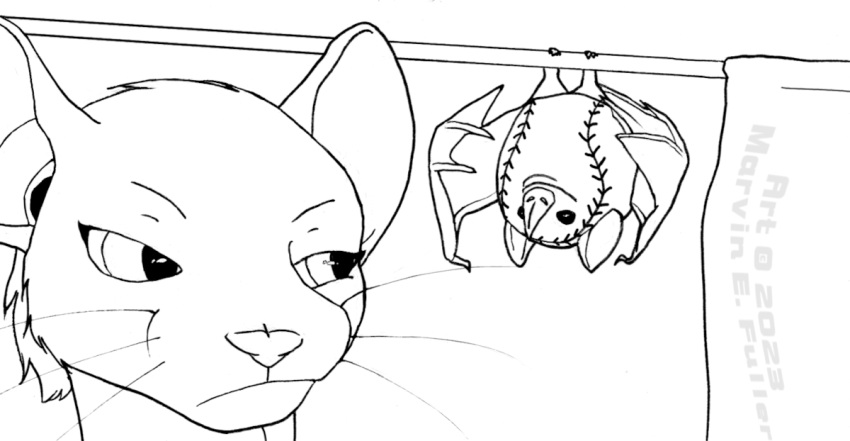 2023 adora_belle ambiguous_gender anthro ball banner baseball_(ball) bat black_and_white cybercorn_entropic dormouse duo female feral fur hair humor mammal membrane_(anatomy) membranous_wings monochrome pun rodent size_difference unimpressed upside-down visual_pun whiskers wings