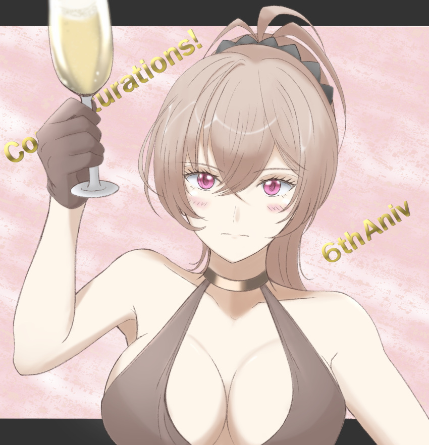 absurdres anniversary azur_lane bare_shoulders black_dress black_gloves blush breasts brown_hair champagne_flute cleavage co-de collarbone congratulations cup dress drinking_glass female gloves highres jean_bart_(azur_lane) jean_bart_(uninhibited_bloodstone)_(azur_lane) large_breasts long_hair looking_at_viewer official_alternate_costume ponytail purple_eyes sleeveless sleeveless_dress solo upper_body