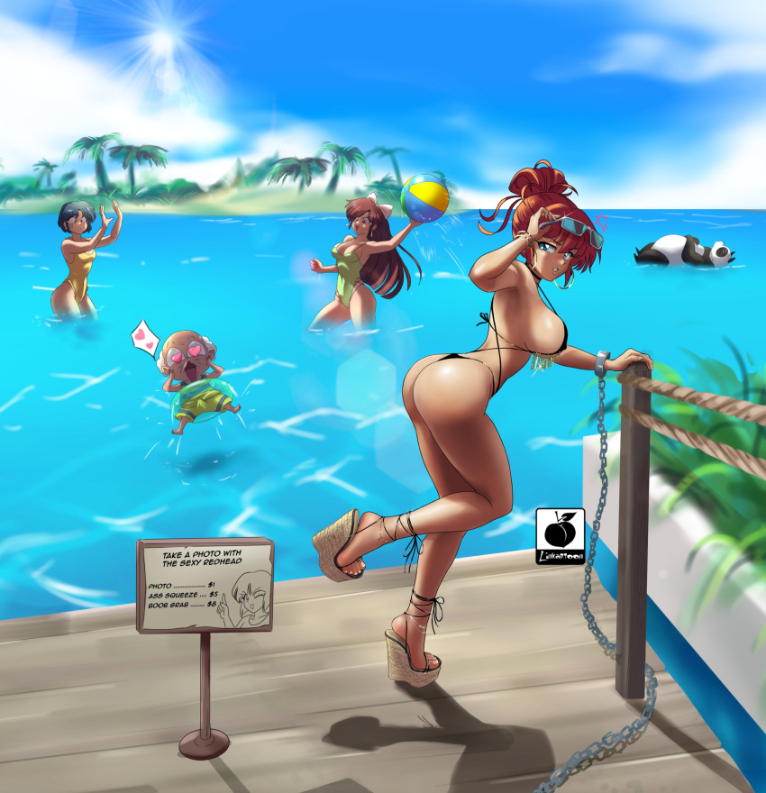 2boys 3girls absurdres anger_vein anklet ass bikini black_bikini black_choker black_hair blue_eyes blue_sky breasts brown_hair bulge chained chains choker commentary erection erection_under_clothes full_body green_one-piece_swimsuit hair_bun happosai heart heart-shaped_eyes highres jewelry kuonji_ukyou large_breasts linkartoon long_hair looking_at_another multiple_boys multiple_girls narrow_waist ocean old old_man one-piece_swimsuit platform_footwear price_list ranma-chan ranma_1/2 red_hair saotome_genma_(panda) short_hair sideboob single_hair_bun sky solo_focus strap_gap summer swimsuit tan tendou_akane tendou_nabiki thong_bikini toes updo yellow_one-piece_swimsuit