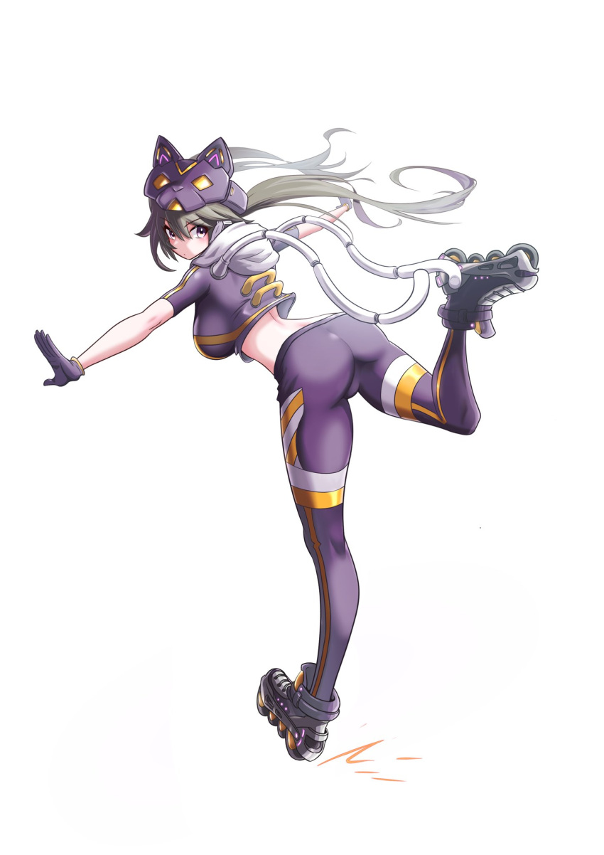 ass black_hair breasts brown_eyes brown_hair cat_mask duel_monster female full_body gloves highres i:p_masquerena inline_skates large_breasts long_hair looking_at_viewer mask roller_skates sengenjin31 short_sleeves sidelocks skates solo twintails white_background yu-gi-oh!