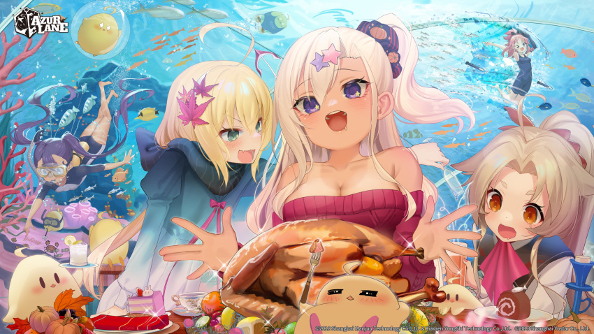 5girls :d absurdres ahoge air_bubble albacore_(azur_lane) animal archerfish_(azur_lane) ascot ass azur_lane bare_shoulders barefoot bird blonde_hair blue_eyes blue_one-piece_swimsuit blue_sailor_collar bluegill_(azur_lane) blush bottle bow breasts brown_eyes bubble cake cake_slice cavalla_(azur_lane) chick cleavage collarbone copyright_name coral crab dace_(azur_lane) dark-skinned_female dark_skin diving_mask dress fh_moya fish flower food fork freediving fruit goggles green_eyes hair_between_eyes hair_flower hair_ornament hair_ribbon high_ponytail highres holding holding_fork juliet_sleeves large_breasts light_brown_hair long_hair long_sleeves looking_at_another manjuu_(azur_lane) medium_breasts multiple_girls neckerchief ocean oerba_yun_fang off-shoulder_sweater off_shoulder official_art one-piece_swimsuit one_side_up open_mouth orange_eyes pink_hair pink_neckerchief polearm ponytail puffy_sleeves purple_eyes purple_hair red_dress red_sweater ribbed_sweater ribbon sailor_collar scarf school_swimsuit school_uniform second-party_source serafuku shirt sidelocks skin_fang smile snorkel star_(symbol) star_hair_ornament starfish submerged sweater sweater_dress swimming swimsuit tan tanlines teeth thanksgiving torpedo trident tropical_fish turkey_(food) twintails underwater very_long_hair water weapon