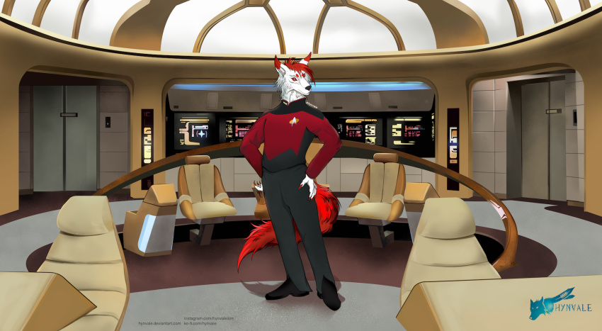 anthro black_clothing canid canine canis chair chivalrythewolf clothing cockpit computer confusion corner costume door electronics furniture hair hi_res hynvale inside lamp looking_at_another male mammal red_clothing red_eyes solo spacecraft spaceship_interior star_trek star_trek_the_next_generation technology vehicle wall_(structure) white_body wolf