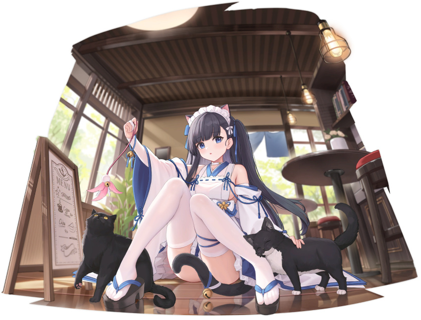 :o allenes animal animal_ear_fluff animal_ears apron arm_up ass azur_lane bare_shoulders bell between_legs black_border black_cat black_footwear black_hair blue_eyes blue_ribbon blue_skirt blunt_bangs blush book bookshelf border bow breasts cat_ears cat_girl cat_tail ceiling_light chair convenient_censoring convenient_leg day detached_sleeves extra_ears feet feline female frilled_skirt frills hair_ornament hair_ribbon hatsuharu_(azur_lane) hatsuharu_(hatsuharu's_cat_cafe_caper)_(azur_lane) highres holding indoors japanese_clothes jingle_bell kimono knees_together_feet_apart knees_up lamp long_hair long_sleeves looking_at_viewer maid maid_headdress nontraditional_miko official_alternate_costume official_art open_mouth parted_lips petting plant platform_footwear pleated_skirt potted_plant ribbon ribbon-trimmed_sleeves ribbon_trim sandals shelf sitting skirt solo table tail tail_bell tail_censor tail_ornament thighhighs thighs two_side_up very_long_hair wa_maid white_sleeves white_thighhighs wide_sleeves window wooden_floor zouri