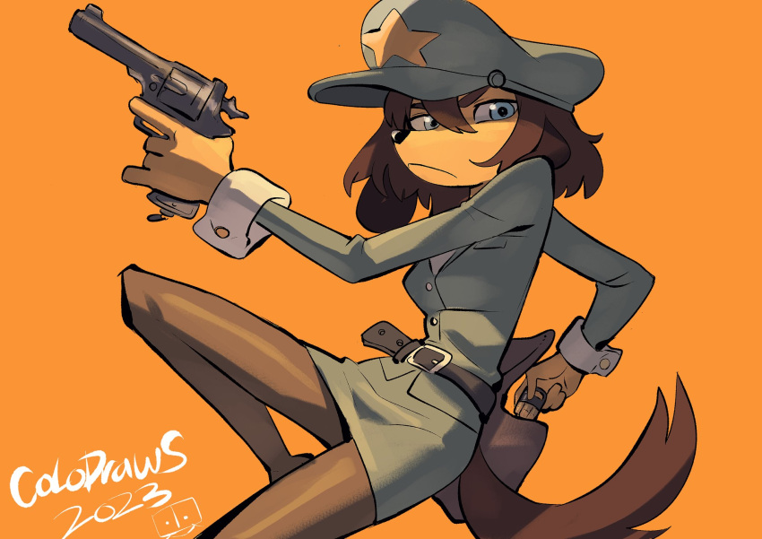 2023 anthro belt blue_eyes bottomwear canid canine canis clothing colo domestic_dog female fur gun handgun hat headgear headwear hi_res holding_gun holding_handgun holding_object holding_pistol holding_ranged_weapon holding_weapon mammal military_hat military_uniform misha_(colo) orange_background peaked_cap pistol ranged_weapon simple_background skirt solo tan_body tan_fur uniform weapon