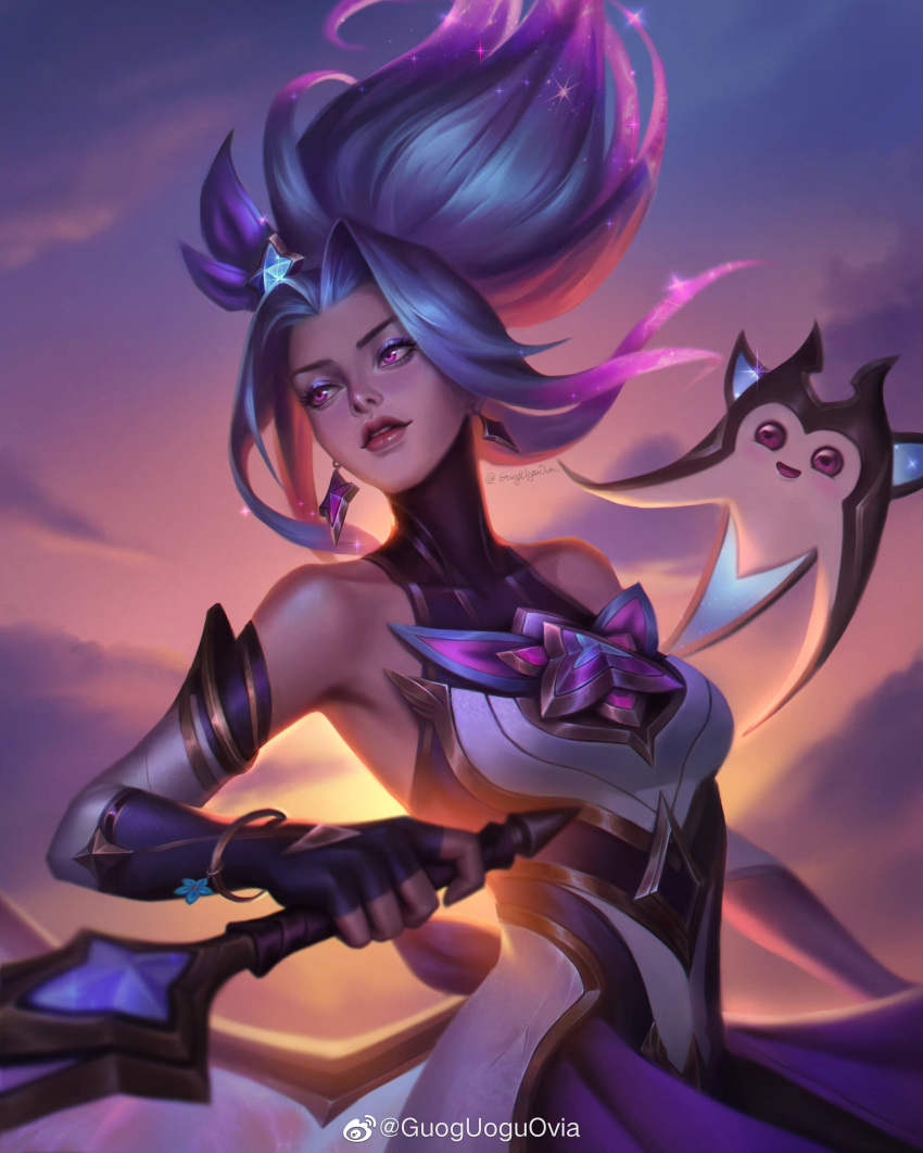 absurdres akali artist_name blue_hair chinese_commentary cloud earrings female guoguoguovia high_ponytail highres holding holding_weapon jewelry league_of_legends looking_to_the_side multicolored_hair official_alternate_costume official_alternate_hairstyle outdoors parted_lips ponytail purple_eyes purple_hair signature sky solo star_guardian_(league_of_legends) star_guardian_akali star_guardian_pet streaked_hair sunset two-tone_hair weapon