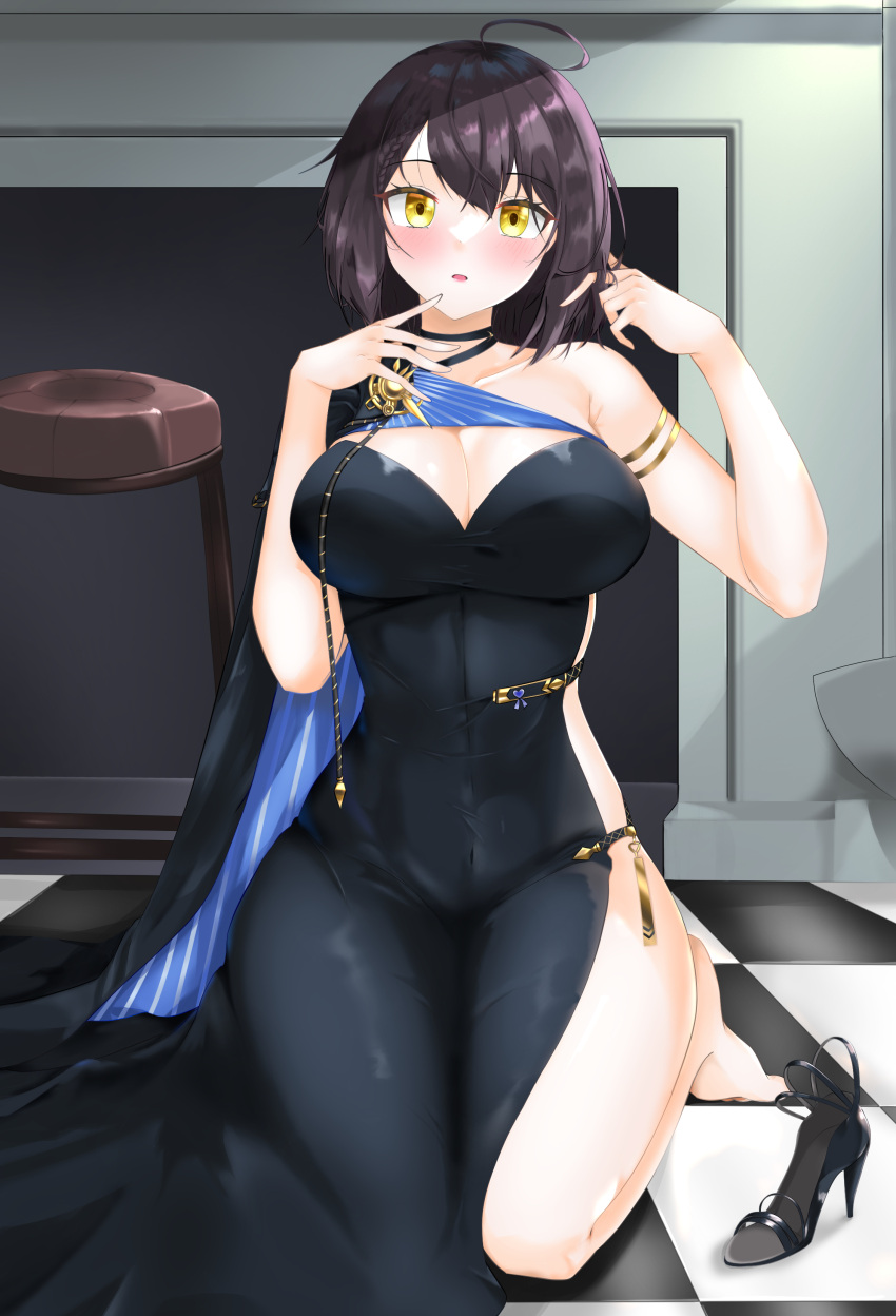 absurdres ahoge armlet asymmetrical_clothes asymmetrical_dress azur_lane baltimore_(azur_lane) baltimore_(evening_breeze_minuet)_(azur_lane) barefoot black_dress black_hair blue_cape blush breasts cape checkered_floor cleavage collarbone dress evening_gown female hair_ornament high_heels highres indoors kijipe kneeling ladder_cutout large_breasts looking_at_viewer official_alternate_costume short_hair side_cape side_slit sideboob sideless_outfit single-shoulder_dress single_bare_shoulder solo stool striped_cape two-tone_cape unworn_footwear yellow_eyes