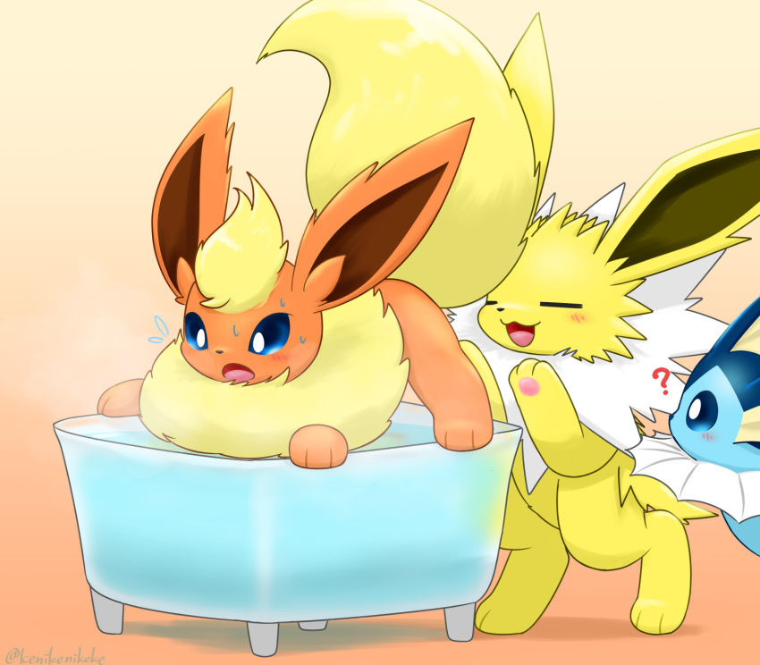 2023 3_toes :3 ambiguous_gender bath bathtub big_tail blue_body blue_eyes blue_skin blush bodily_fluids brown_inner_ear canid claw_foot_bathtub closed_eyes colored digital_media_(artwork) eeveelution featureless_crotch feet feral fin flareon fluffy fluffy_tail flying_sweatdrops frill_(anatomy) front_view fur generation_1_pokemon glistening glistening_tail group head_fin head_tuft hi_res huge_tail jolteon kemono kenikenikeke looking_at_another mammal marine monotone_tail multicolored_body multicolored_fur neck_frill neck_tuft nintendo no_sclera on_hind_legs open_:3 open_mouth open_smile orange_body orange_ears orange_fur pawpads pink_pawpads pink_tongue pokemon pokemon_(species) pupils quadruped question_mark scared shaded simple_background smile standing sweat sweatdrop tail tan_background thick_tail three-quarter_view toes tongue trio tuft two_tone_body two_tone_fur vaporeon water white_body white_fur white_pupils yellow_body yellow_ears yellow_fur yellow_tail