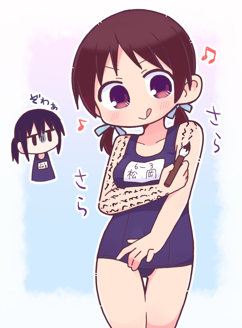 2girls :> :q absurdres black_eyes black_hair blue_background blue_one-piece_swimsuit blue_ribbon blush body_writing border breasts brown_hair calligraphy_brush chibi chibi_inset collarbone commentary_request cowboy_shot gloom_(expression) gradient_background hair_ribbon highres holding holding_calligraphy_brush holding_paintbrush jitome large_breasts low_twintails marui_hitoha matsuoka_sakiko miminashi_houichi mitsudomoe_(manga) multiple_girls musical_note name_tag one-piece_swimsuit outline outside_border paintbrush parody pink_background pink_eyes ribbon richard_(richaball) school_swimsuit short_ponytail short_twintails solo_focus swimsuit thigh_gap tongue tongue_out translation_request twintails white_border white_outline