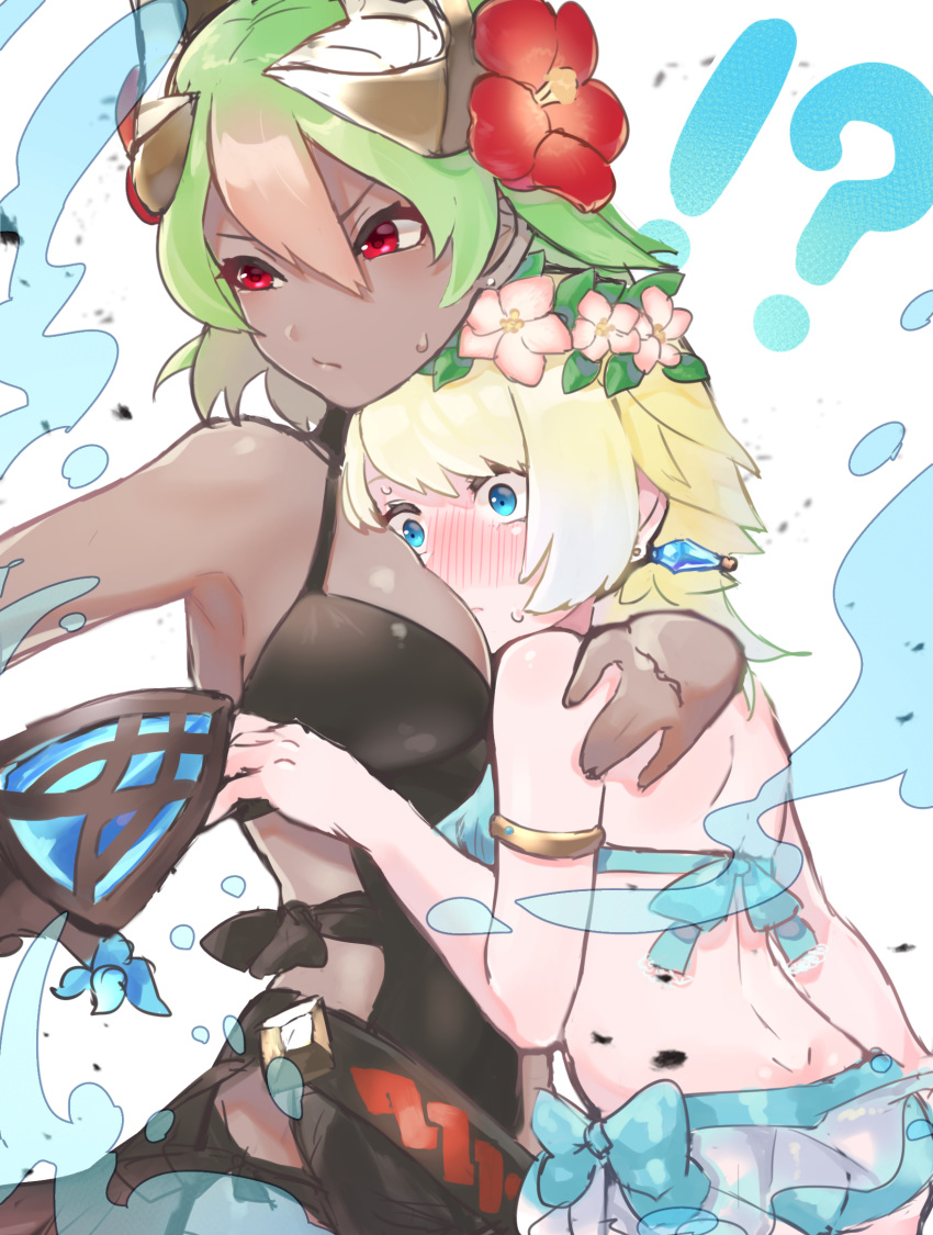 !? 2girls armlet ass assertive assertive_female between_breasts bikini black_swimsuit blonde_hair blue_bikini blue_eyes blue_hair blush breast_press breasts chocolate_and_vanilla cleavage dark_skin earrings face_in_breasts fire_emblem fire_emblem_heroes fjorm_(fire_emblem) fjorm_(summer)_(fire_emblem) flower full-face_blush girlfriends gradient_hair green_hair hair_between_eyes hair_flower hair_ornament head_between_breasts head_wreath hibiscus highres holding_close hug interracial_yuri jewelry laegjarn_(fire_emblem) laegjarn_(summer)_(fire_emblem) large_breasts looking_away looking_to_the_side multicolored_hair multiple_girls nintendo one-piece_swimsuit orange_hair red_eyes red_flower sakuramotikun short_hair sweatdrop swimsuit water weapon white_background yuri