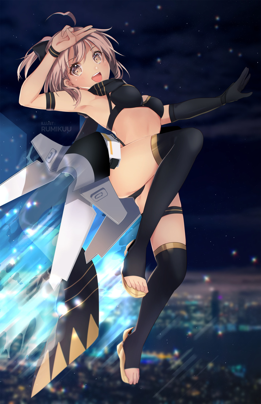 :d absurdres ahoge arm_strap arm_up armpits artist_name asymmetrical_gloves bikini black_bikini black_gloves black_thighhighs blurry blurry_background breasts cloud commentary_request elbow_gloves fate/grand_order fate_(series) female full_body gloves grey_eyes grey_hair highres k-rumi looking_at_viewer medium_breasts night okita_j._souji_(fate) okita_j._souji_(first_ascension)_(fate) okita_souji_(fate) open_mouth outdoors photoshop_(medium) short_hair short_ponytail single_glove smile snowing solo swimsuit thigh_strap thighhighs uneven_gloves