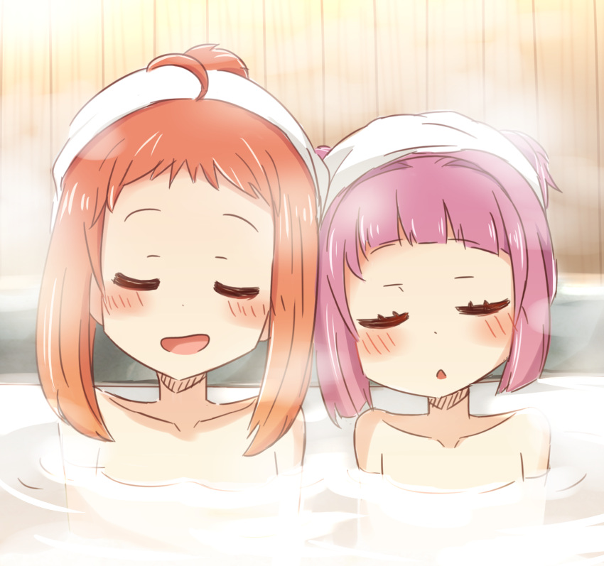 2girls :d ahoge blush brown_hair closed_eyes collarbone commentary_request fence guriin harumi_kajika harumi_shinju highres multiple_girls nude onsen open_mouth parted_lips partially_submerged purple_hair same-sex_bathing shared_bathing smile steam tokyo_7th_sisters towel towel_on_head upper_body