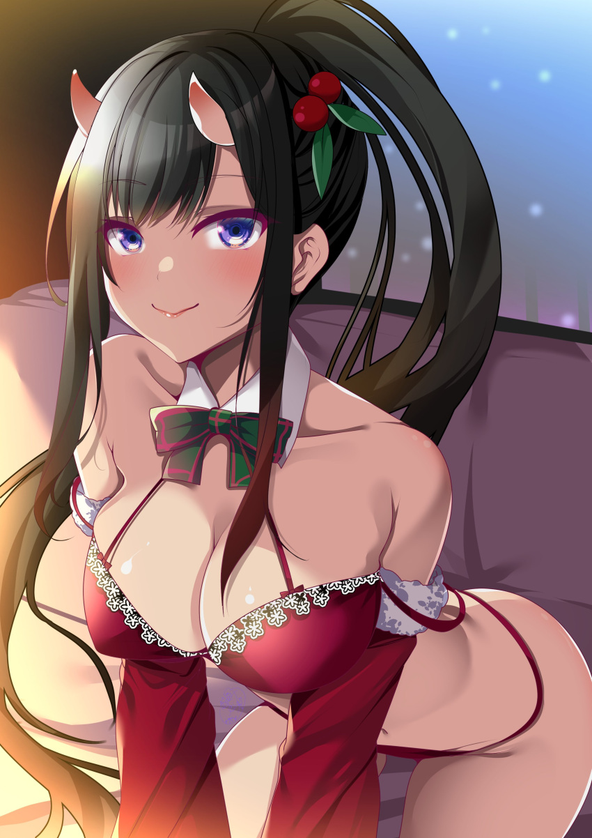 absurdres azur_lane black_hair blue_eyes bra breasts christmas cleavage detached_collar detached_sleeves female fur-trimmed_sleeves fur_trim hair_ornament highres holly_hair_ornament horns indoors lace-trimmed_bra lace_trim large_breasts lingerie long_hair looking_at_viewer oni_horns origami_aya panties ponytail red_panties red_sleeves ryuuhou_(azur_lane) sidelocks sitting snow thong underwear underwear_only white_trim window