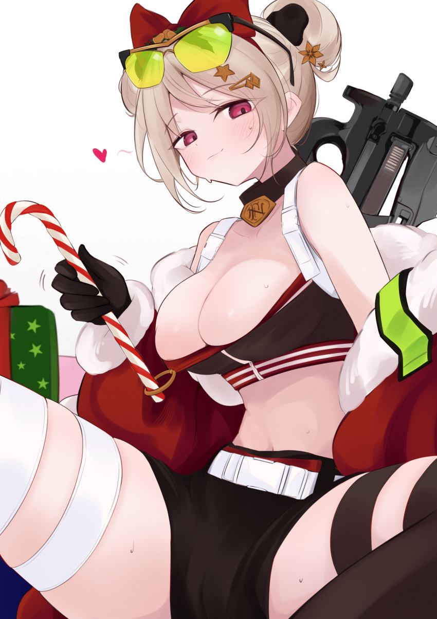 absurdres blush bow box breasts brown_hair bullpup bursting_breasts candy candy_cane choker cleavage commission eyewear_on_head female food gift gift_box girls'_frontline gun hairbow highres holding holding_candy holding_candy_cane holding_food ohichi16 p90 p90_(girls'_frontline) p90_(scarlet_turbo)_(girls'_frontline) red_eyes skeb_commission solo spread_legs submachine_gun sweatdrop weapon