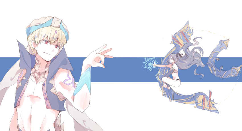 1boy arabian_clothes armlet bare_shoulders bikini black_bikini black_hair black_ribbon blonde_hair blue_background blue_vest closed_mouth cropped_vest detached_sleeves earrings fate/grand_order fate_(series) female finger_gun floating from_side gem gilgamesh_(caster)_(fate) gilgamesh_(fate) gold_earrings grey_headwear hair_ribbon hand_up heavenly_boat_maanna highres hoop_earrings indian_style infinity_symbol ishtar_(fate) jewelry light_smile long_hair looking_at_another mini_person minigirl mismatched_bikini neck_ring open_clothes open_vest outstretched_arms purple_gemstone red_eyes ribbon short_hair shoulder_tattoo single_detached_sleeve single_thighhigh sitting sodamachi stirrup_legwear swimsuit tattoo thighhighs tiara toeless_legwear turban two-tone_background two_side_up vest white_background