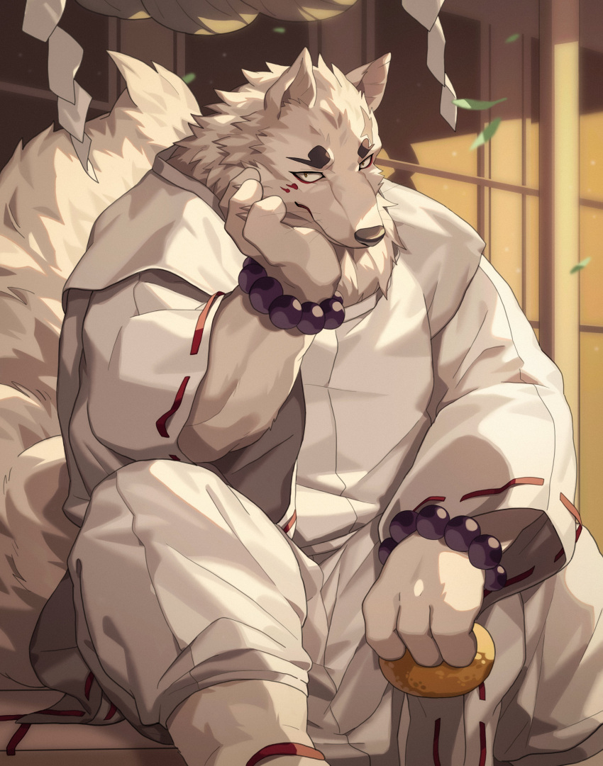 absurd_res anthro bracket canid canine english_text fox fur gingitsune gintaro hand_on_head hi_res male mammal overweight overweight_anthro overweight_male profanity sitting solo text white_body white_fur yed