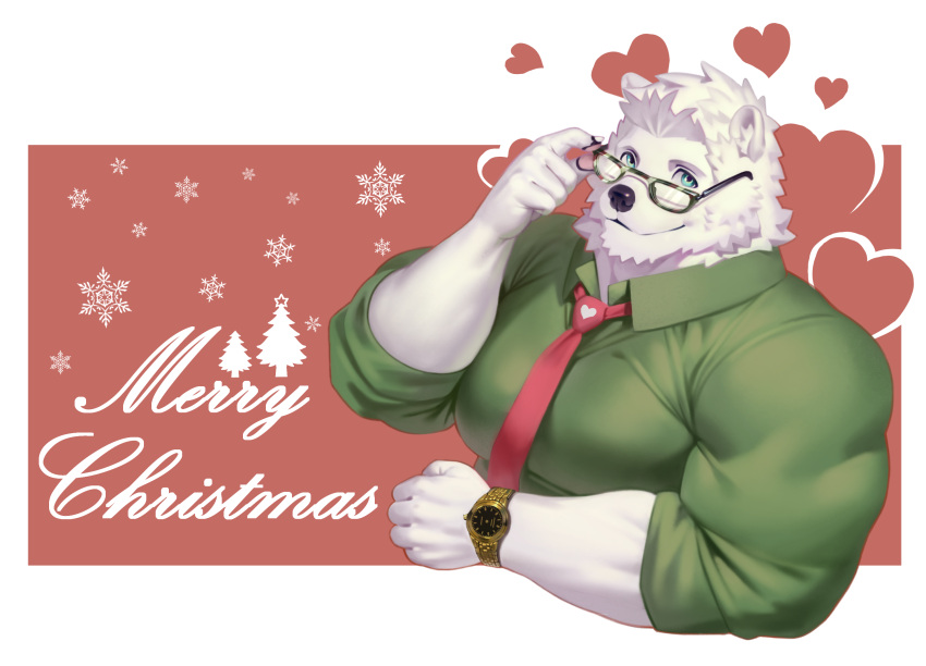 2023 anthro bear beard blue_eyes christmas clock clothing december_twilight dress_shirt english_text eyewear facial_hair fur glasses green_clothing green_shirt green_topwear hair heart_symbol hi_res holidays looking_at_viewer lowering_glasses male mammal merry_christmas muscular muscular_anthro muscular_male necktie nicholas_briant polar_bear raccoon21 red_necktie shirt solo text topwear ursine watch white_body white_fur white_hair wristwatch