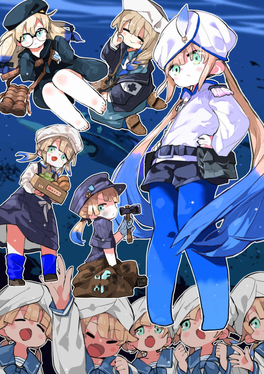 2girls 2others 6+boys :> apron arm_between_legs arm_up baker_nemo_(fate) barefoot belt belt_pouch beret binoculars black_apron black_belt black_headwear black_jacket black_sailor_collar black_shirt black_shorts blue_dress blue_eyes blue_hair blue_pantyhose blue_sailor_collar blush box braid braided_ponytail brown_footwear brown_hair cabbie_hat captain_nemo_(fate) clone closed_eyes collage collared_shirt colored_tips commentary_request dirty dirty_face dress engineer_nemo_(fate) epaulettes facing_viewer fate/grand_order fate_(series) floating_hair food glaring glasses hair_over_shoulder hammer hands_on_own_hips hat hat_feather highres holding holding_box holding_hammer jacket long_dress long_hair long_shirt long_sleeves looking_at_viewer loose_socks low_twintails marine_nemo_(fate) mossgreen multicolored_hair multiple_boys multiple_girls multiple_others nemo_(fate) nurse_cap nurse_nemo_(fate) ocean oerba_yun_fang open_clothes open_jacket outline pantyhose pantyhose_under_shorts pigeon-toed pinstripe_pattern pinstripe_shirt pouch professor_nemo_(fate) profile round_eyewear sailor_collar sailor_shirt shirt shoes short_shorts short_sleeves short_twintails shorts shoulder_strap sidelocks sitting skin_fang sleeves_past_fingers sleeves_past_wrists smile socks sparkle striped turban twintails v-shaped_eyebrows very_long_hair white_headwear white_jacket white_outline white_shirt