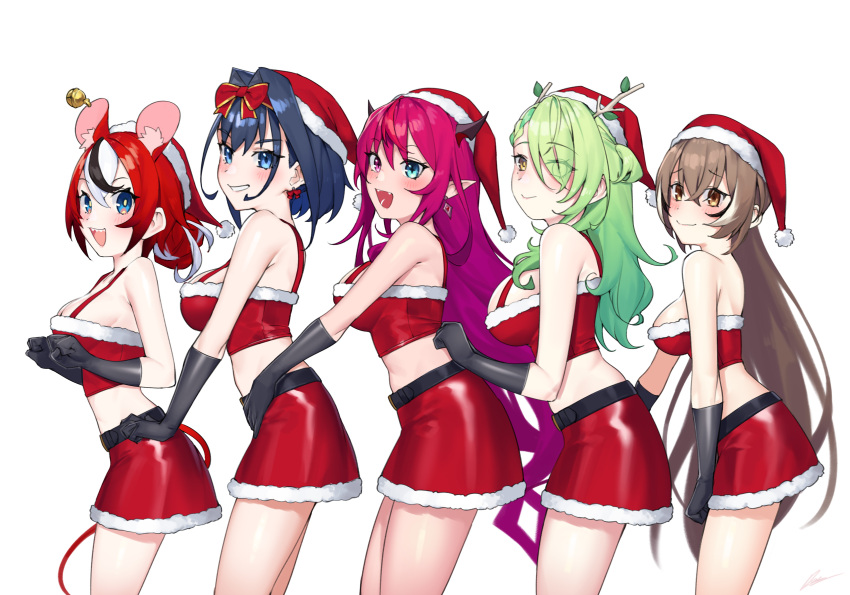 5girls absurdres alternate_costume animal_ears aqua_hair bare_shoulders black_gloves black_hair black_horns blue_eyes blue_hair breasts brown_eyes brown_hair ceres_fauna closed_mouth crop_top dasdokter demon_horns english_commentary from_side fur-trimmed_headwear fur-trimmed_skirt fur_trim gloves gradient_hair green_eyes green_hair grin hair_between_eyes hair_branch hakos_baelz hand_on_another's_waist hat highres holocouncil hololive hololive_english horns irys_(hololive) large_breasts long_hair looking_at_viewer mean_girls medium_breasts medium_hair midriff_peek mouse_ears mouse_girl mouse_tail multicolored_hair multiple_girls nanashi_mumei open_mouth ouro_kronii parody pink_hair pointy_ears purple_hair red_hair red_headwear red_skirt santa_costume santa_hat sharp_teeth simple_background skirt sleeveless smile streaked_hair tail teeth tree_horns virtual_youtuber white_background white_hair