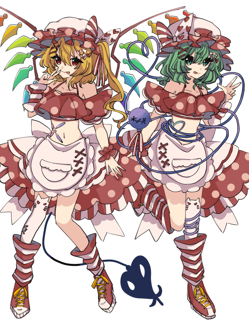 2girls apron blonde_hair bow crystal_wings detached_sleeves flandre_scarlet full_body green_eyes green_hair hair_ornament hair_ribbon half-dress hat heart heart_of_string highres hua88331 internet_survivor komeiji_koishi laevatein_(tail) looking_at_viewer medium_hair mob_cap multicolored_bow multicolored_wings multiple_girls one_side_up polka_dot polka_dot_headwear polka_dot_skirt red_eyes ribbon shoes short_hair simple_background skirt sneakers socks striped_clothes striped_socks tail third_eye touhou waist_apron white_background wings