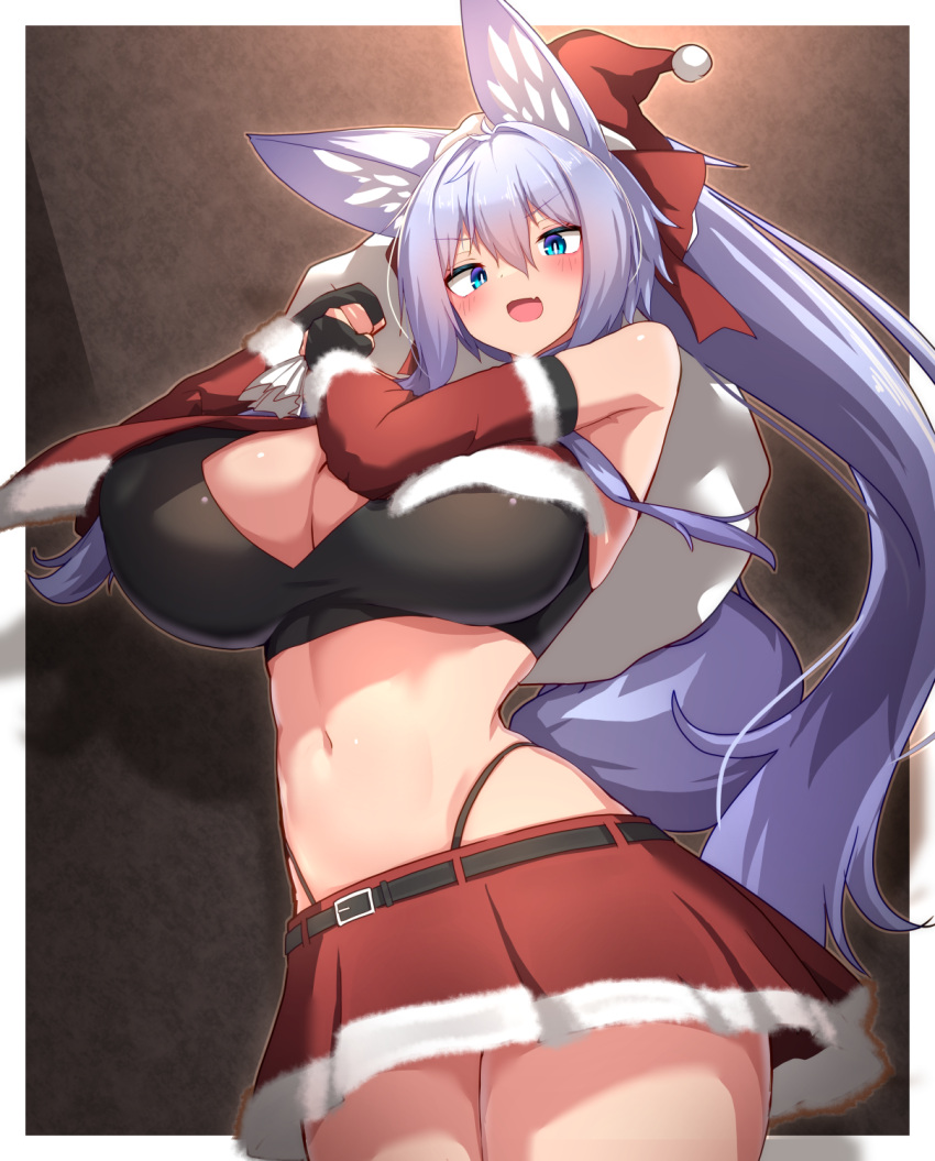 animal_ear_fluff animal_ears blue_eyes blush breasts christmas cleavage dress female fox_ears fox_girl fox_tail fur-trimmed_headwear fur_trim gloves hair_between_eyes hat highres holding holding_sack huge_breasts indigo_(tylwing) large_breasts long_hair looking_at_viewer navel open_mouth original purple_hair red_hat sack santa_costume santa_dress santa_hat smile solo tail tylwing