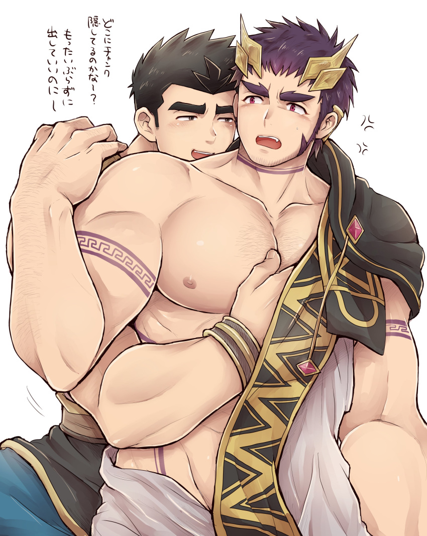 2boys absurdres adamus_(crave_saga) anger_vein arm_tattoo bara bare_pectorals black_hair blush brown_eyes crave_saga grabbing half-closed_eyes higemaccho highres hug hug_from_behind large_hands looking_at_another male_focus multiple_boys muscular muscular_male neck_tattoo nipples open_mouth pectoral_grab pectorals protagonist_(crave_saga) purple_eyes purple_hair short_hair simple_background sparse_chest_hair tattoo thick_eyebrows translated white_background yaoi