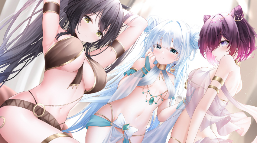 3girls absurdres alternate_costume arms_behind_head azur_lane black_hair blue_gemstone blue_hair breasts commentary_request cone_hair_bun dancer double_bun dutch_angle gem gold_trim green_eyes hair_bun harem_outfit highres indomitable_(azur_lane) janus_(azur_lane) jervis_(azur_lane) jewelry large_breasts long_hair looking_at_viewer medium_breasts multiple_girls proverbs_zhenyan purple_eyes purple_hair revealing_clothes see-through sitting small_breasts stomach thigh_strap very_long_hair