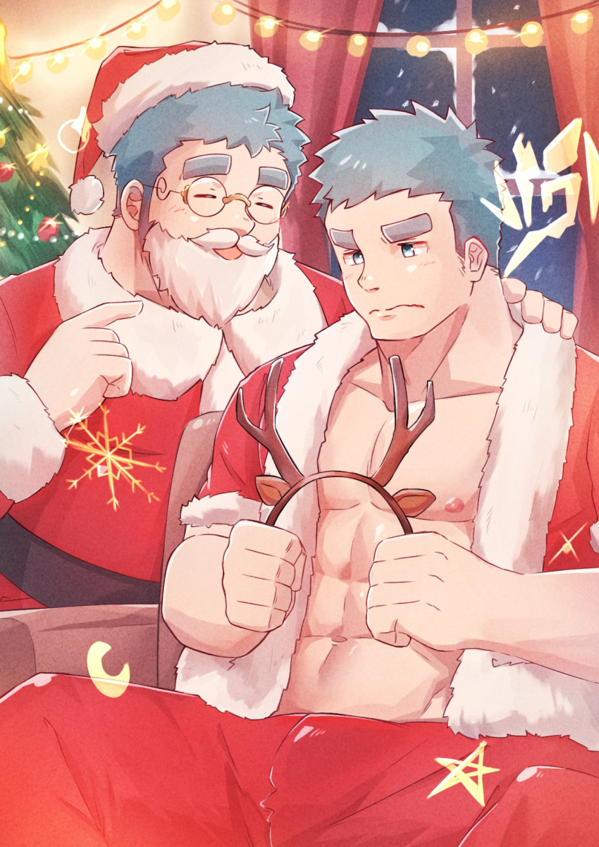 2boys alternate_costume animal_costume bara bare_pectorals blush brothers christmas christmas_tree crave_saga fake_beard fake_facial_hair feet_out_of_frame glasses hat highres huge_eyebrows indoors jeffrey_(crave_saga) jeron_(crave_saga) large_pectorals light_blush male_focus mature_male multiple_boys navel nipples pectorals plump poteto02888292 red_headwear reindeer_costume round_eyewear santa_costume santa_hat short_hair siblings smile snowflakes spread_legs toned toned_male