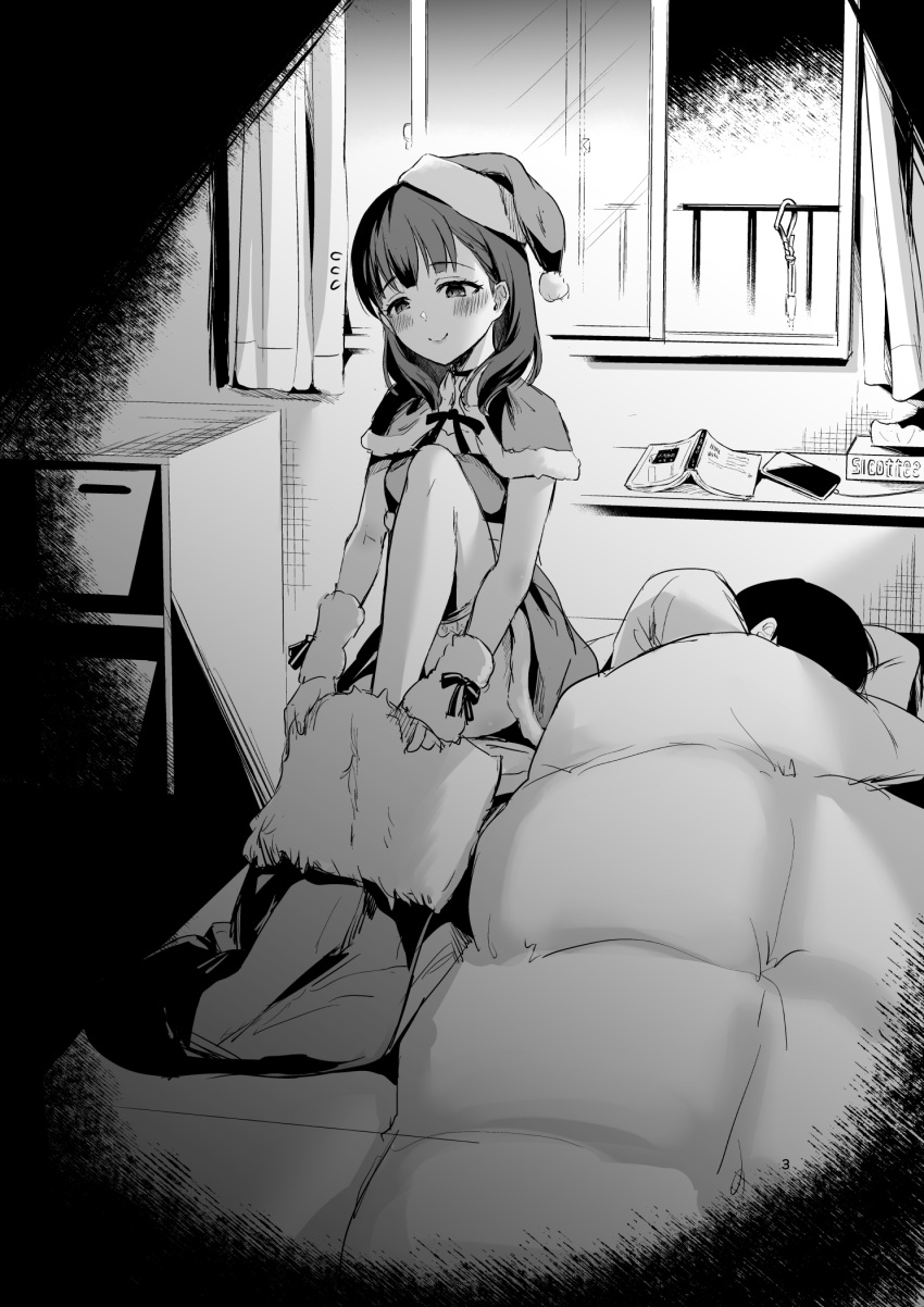 1boy bed blanket blush christmas_stocking female fur_trim greyscale hat highres i_am_homeko idolmaster monochrome night on_bed open_window sakuma_mayu santa_costume santa_hat sleeping thighhighs tissue_box window