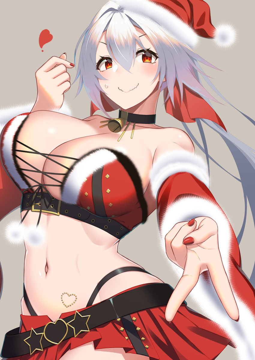 bell breasts cosplay fate/grand_order fate_(series) female finger_heart grey_background grey_hair gyaru_v hat heart highres kuroshiro_(ms-2420) large_breasts long_hair microskirt midriff navel neck_bell red_eyes red_nails santa_hat skirt suzuka_gozen_(fate) suzuka_gozen_(santa)_(fate) suzuka_gozen_(santa)_(fate)_(cosplay) tomoe_gozen_(fate) v wavy_mouth