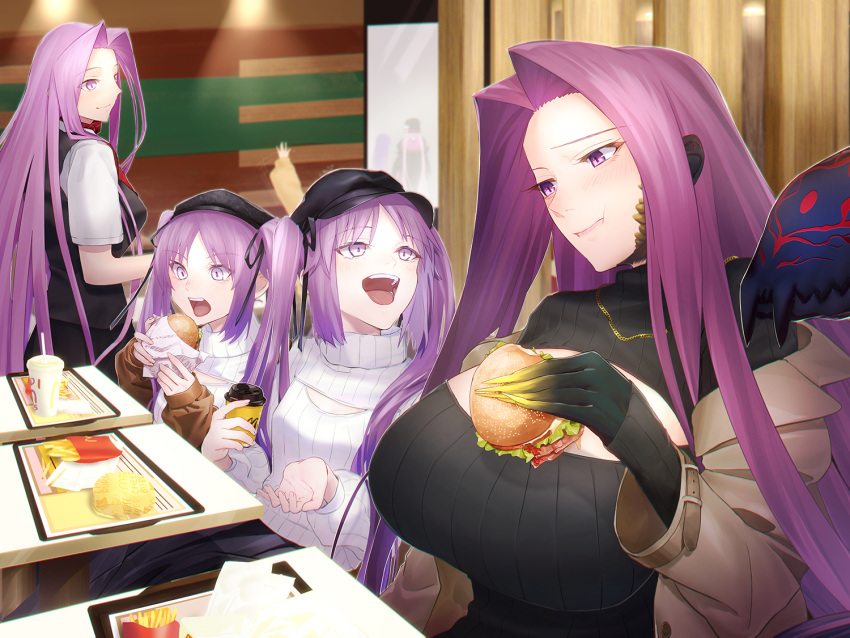 4girls blush breasts burger eating euryale_(fate) fate/grand_order fate/hollow_ataraxia fate/stay_night fate_(series) food forehead french_fries gorgon_(fate) huge_breasts large_breasts long_hair medusa_(fate) medusa_(rider)_(fate) minami_koyogi multiple_girls open_mouth parted_bangs purple_eyes purple_hair sidelocks small_breasts smile snake_hair stheno_(fate) twintails very_long_hair