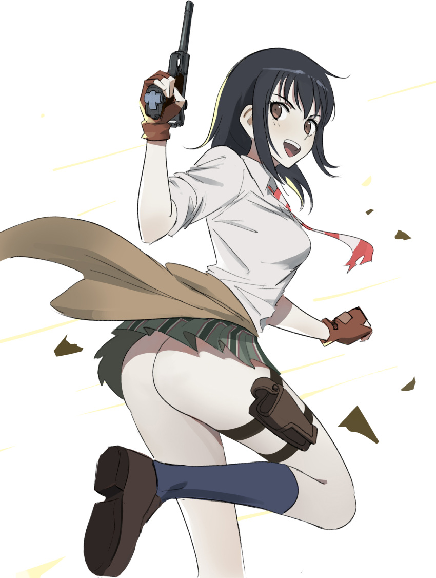 absurdres ass black_hair blue_socks brown_eyes brown_gloves clothes_around_waist commission coppelion female fingerless_gloves gloves gun handgun highres holding holding_gun holding_weapon holster kneehighs loafers long_hair looking_back luger_p08 miniskirt naruse_ibara necktie no_panties open_mouth qosic school_uniform second-party_source shirt shoes simple_background skirt sleeves_rolled_up smile socks solo standing standing_on_one_leg thigh_holster torn_clothes torn_necktie weapon white_background white_shirt