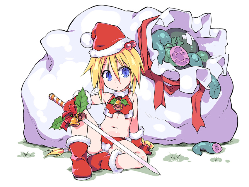 bag bell blonde_hair blue_eyes boots christmas fur-trimmed_footwear fur_trim girl_with_a_blonde_braid_(tomoshibi_hidekazu) grass hair_ornament hat holly holly_hair_ornament neck_bell original outdoors red_footwear santa_hat sword tentacle tomoshibi_hidekazu weapon white_background