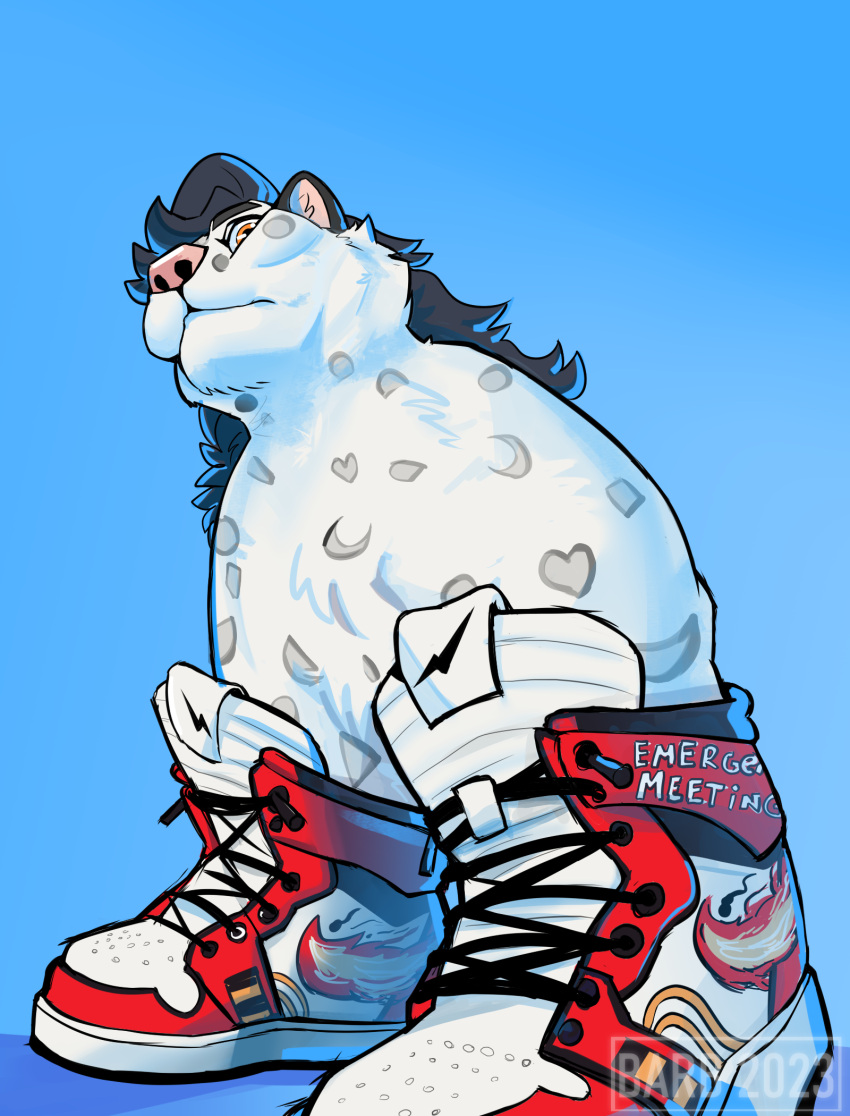 among_us among_us_drip anthro barb_(artist) black_ears clothing drip_(meme) felid feline footwear fur hair hi_res humor innersloth long_hair looking_down male mammal markings meme orange_eyes pantherine shoelaces shoes simple_background snow_leopard solo spots spotted_body white_body white_fur