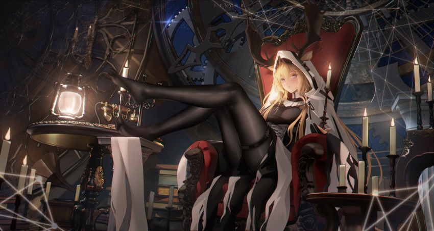 animal_ears antlers antlers_through_hood arknights black_pantyhose blonde_hair blue_eyes blush book book_stack breasts candle candlestand cape chair deer_antlers deer_ears deer_girl ears_through_hood feet female fire hair_between_eyes highres hood hood_up hooded_cape horns indoors lantern large_breasts legs legs_up ling_dianxia long_hair looking_at_viewer night no_shoes pantyhose sitting sky solo table thighs toes viviana_(arknights) white_cape