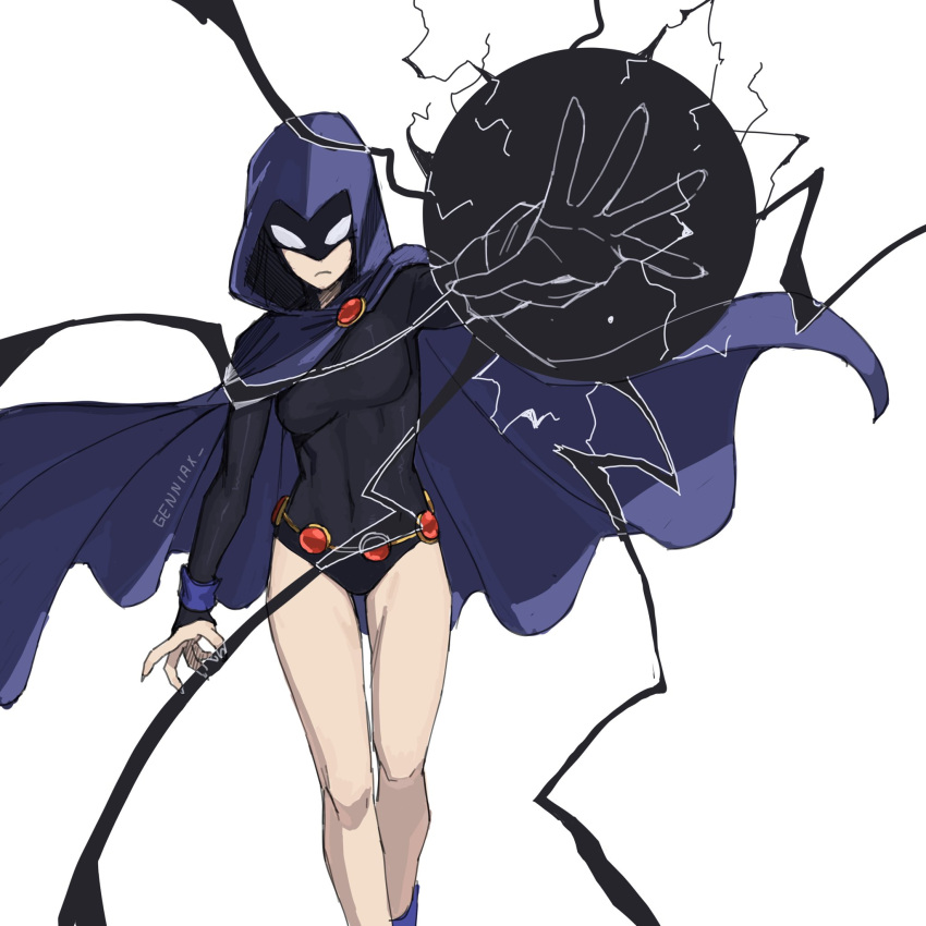 animification black_leotard breasts cloak closed_mouth covered_navel dc_comics english_commentary female frown genniax highres hood hood_up leotard looking_at_viewer medium_breasts no_eyes purple_cloak raven_(dc) simple_background sleeved_leotard solo superhero_costume teen_titans umbrakinesis