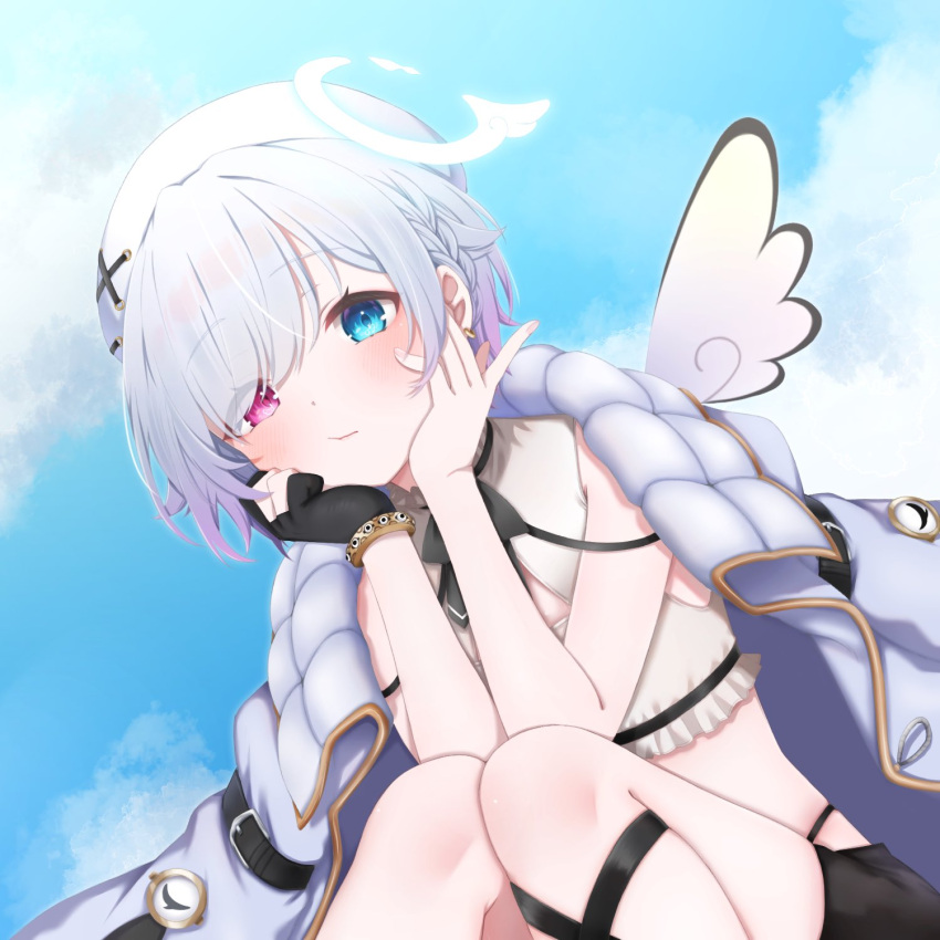 amemiya_nazuna amemiya_nazuna_(1st_costume) angel angel_wings black_gloves black_shorts blue_eyes blue_jacket blue_sky blush braid breasts broken_halo cloud female gloves halo hanazome_uta heterochromia highleg highleg_panties highres jacket looking_at_viewer panties partially_fingerless_gloves red_eyes short_hair short_shorts shorts single_braid single_glove single_wing sky small_breasts underwear virtual_youtuber vshojo white_hair wings