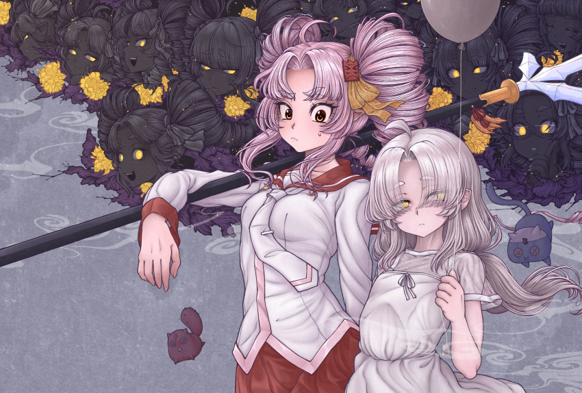 2girls :< ahoge arm_rest balloon breasts character_counter_request closed_mouth cowboy_shot curtained_hair dress drill_hair expressionless eyes_visible_through_hair fangs floating_hair flower flower_request frown furrowed_brow glasses glowing glowing_eyes hair_over_eyes half-closed_eyes highres holding holding_balloon juumonji_yari light_blush light_particles long_bangs long_hair long_sleeves looking_at_another looking_to_the_side miazuma_sarin multiple_girls multiple_views necktie onikko_hunter_tsuina-chan over_shoulder pink_hair pointy_ears polearm red_sailor_collar sailor_collar school_uniform second-party_source see-through see-through_sleeves shirt short_sleeves side-by-side sidelocks slit_pupils small_breasts spear stuffed_animal stuffed_toy sweatdrop tsuina-chan twin_drills voiceroid weapon weapon_over_shoulder white_dress white_hair white_necktie white_shirt yari yellow_eyes yellow_flower