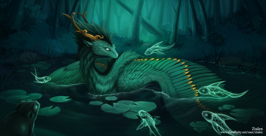 ambiguous_gender artist_name dragon feral forest forest_background fur furred_dragon furred_scalie grass green_body green_fur green_mane hi_res lake mane mythological_creature mythological_scalie mythology nature nature_background plant scalie solo spirit spirits text tree url white_eyes ztalex